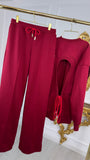 Two-Piece Set "Eria 330" Backless Blouse + Straight Long Cotton Pants WINE Two-Piece Set "Eria 330" Backless Blouse + Straight Long Cotton Pants WINE