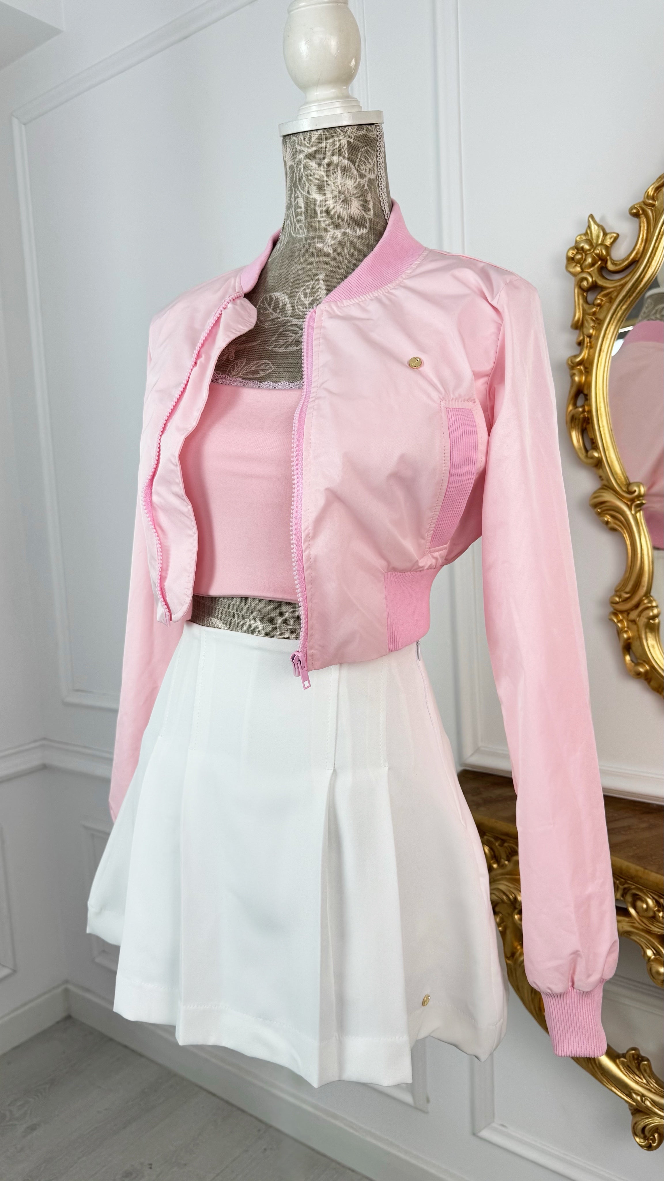 Cropped Lightweight 'Foil-Like' Bomber Jacket - Baby Pink Cropped Lightweight 'Foil-Like' Bomber Jacket - Baby Pink
