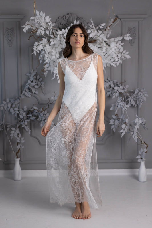 Rochie lungă din dantelă ALB