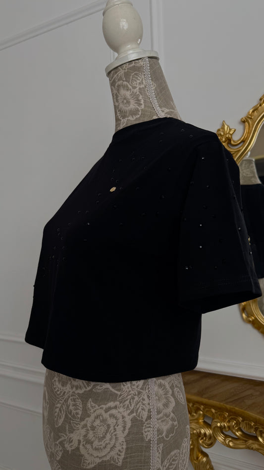 Camiseta "Softie" con CRISTALES – Corta Crop – NEGRA