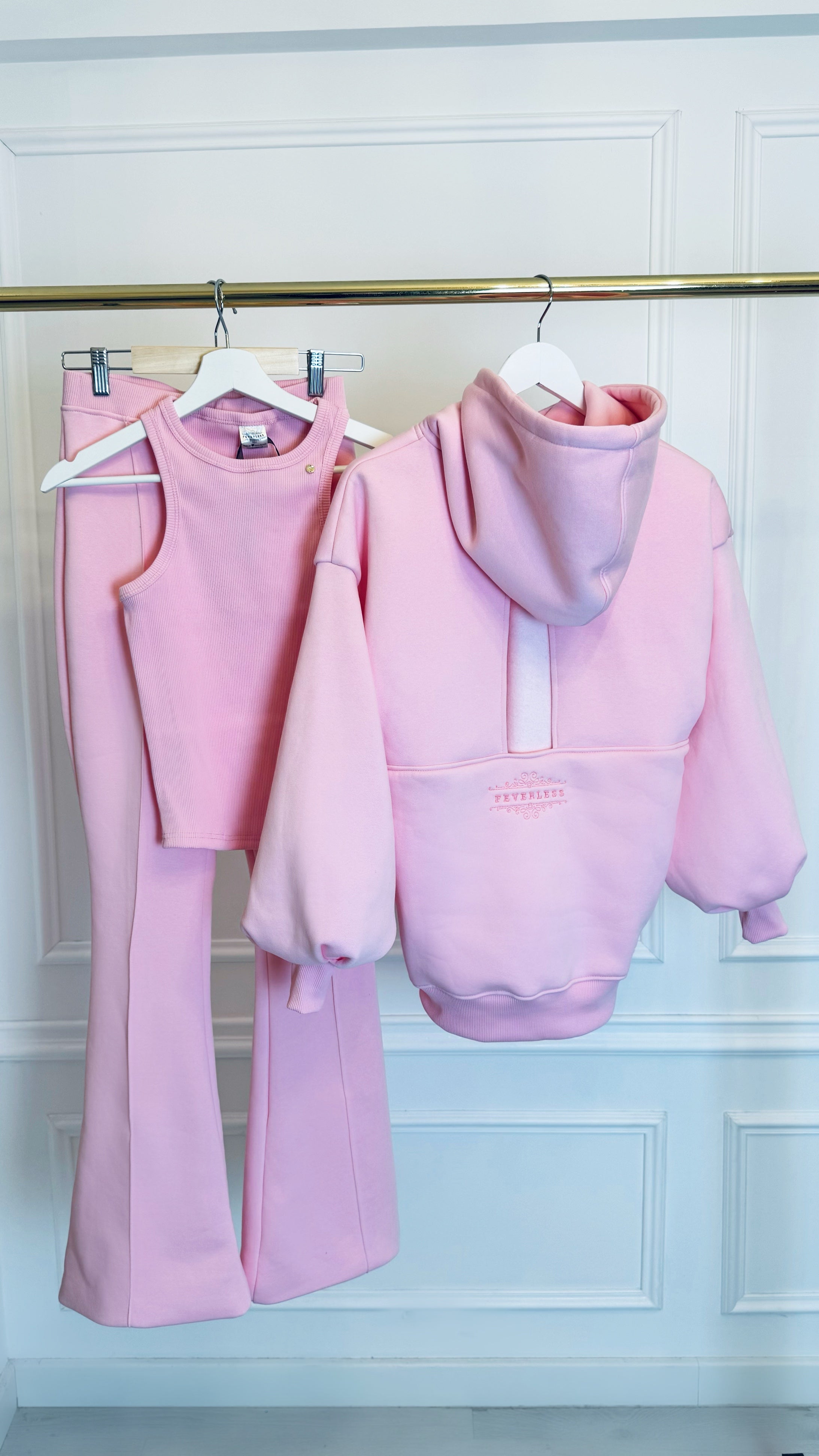3 PIECE SET "Blush" HOLE BACK SWEATSHIRT + FLARE PANTS + Top - 4 VARIATIONS OF COLORS 3 PIECE SET "Blush" HOLE BACK SWEATSHIRT + FLARE PANTS + Top - 4 VARIATIONS OF COLORS