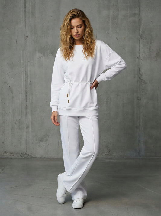 Set 2 Pieces "Eria 500" Backless Blouse + Long Straight Cotton Pants WHITE