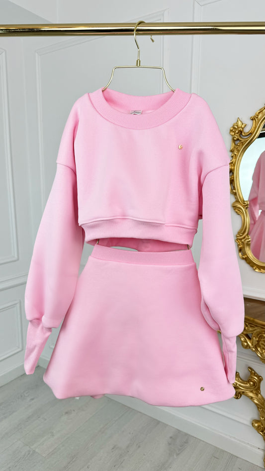Set 2 Piese Bluză " Blush " Cropped + Fustă Semicloș BABY PINK