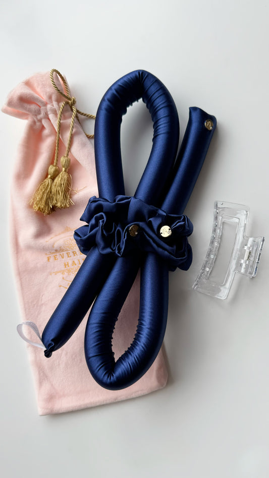 STANDARD Size Silk Heatless Curler with SILK Scrunchies  NAVY Blue