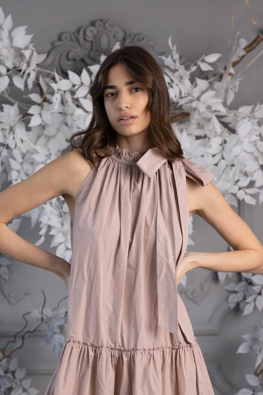 OUTLET Vestido corto "Baby Doll" sin arrugas en tafetán suelto, Rosa Polvo