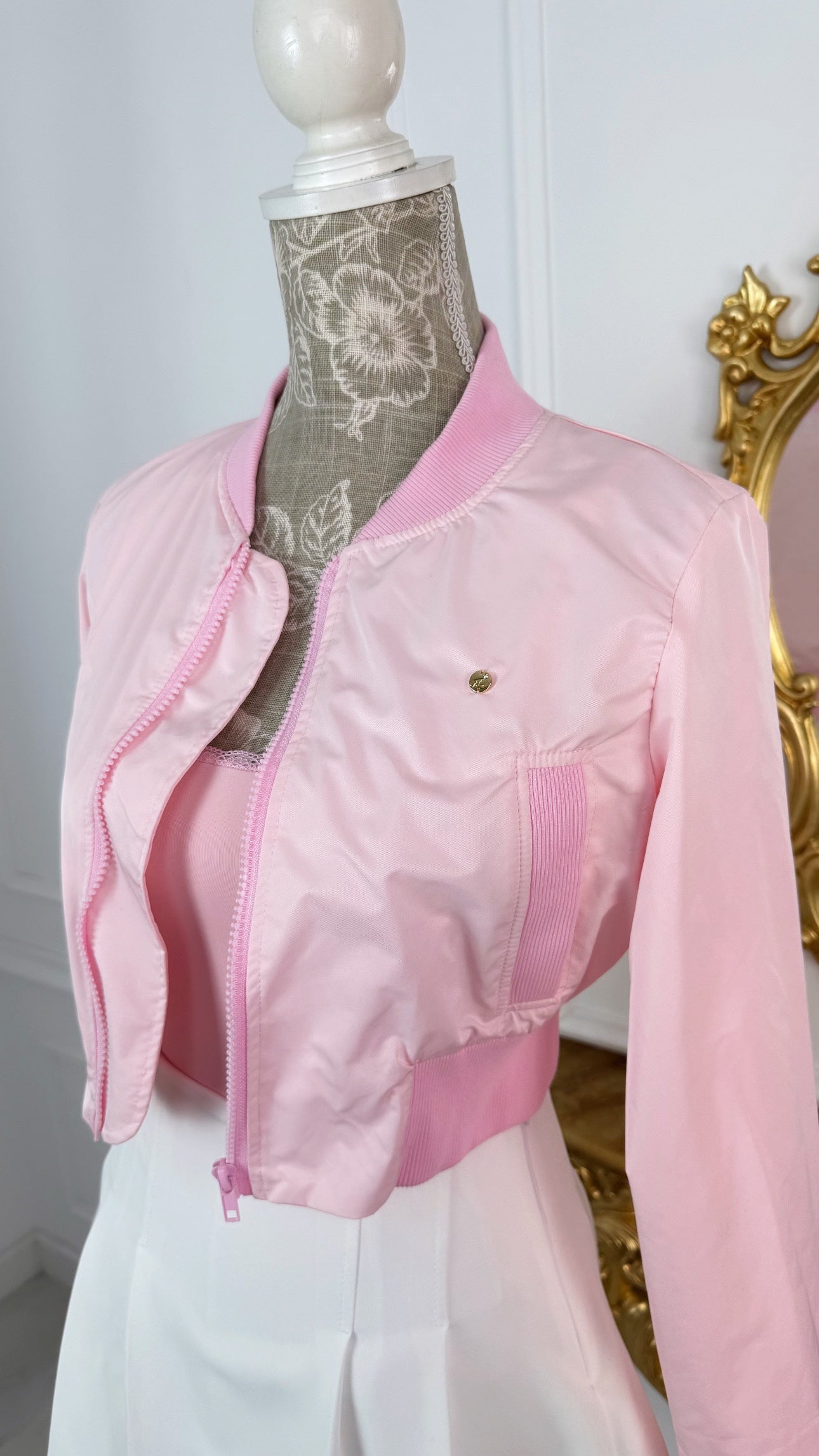 Cropped Lightweight 'Foil-Like' Bomber Jacket - Baby Pink Cropped Lightweight 'Foil-Like' Bomber Jacket - Baby Pink