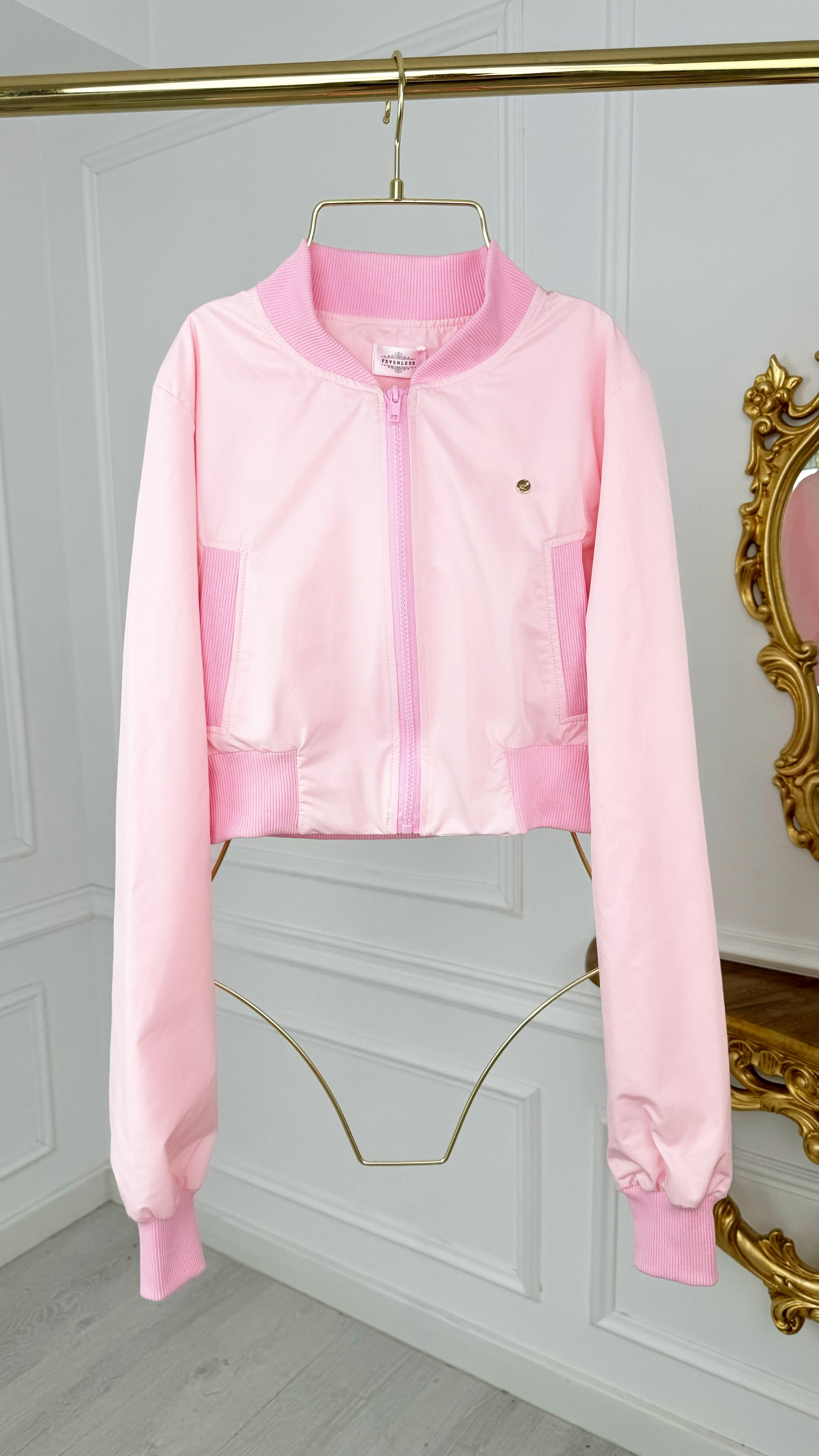 Cropped Lightweight 'Foil-Like' Bomber Jacket - Baby Pink Cropped Lightweight 'Foil-Like' Bomber Jacket - Baby Pink