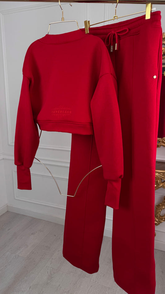 Set 2 Piese Bluză " Blush " Cropped + Pantaloni Drepți ROȘU