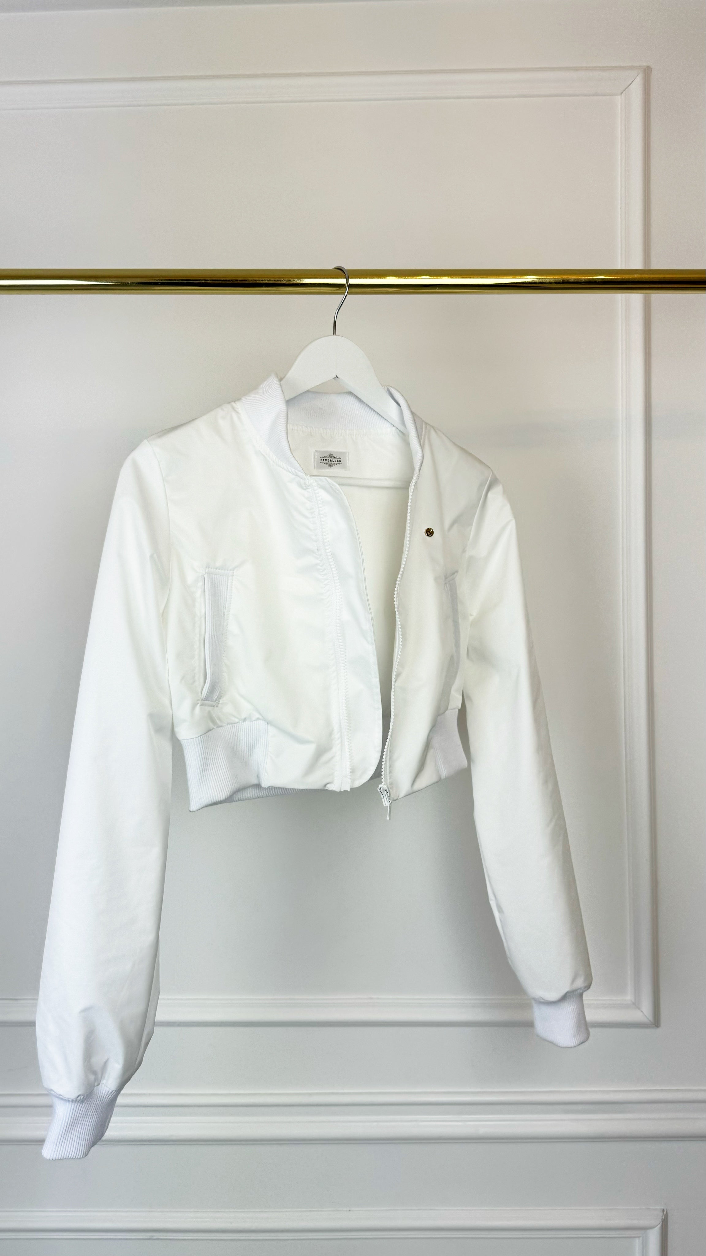Cropped Lightweight 'Foil-Like' Bomber Jacket - White Cropped Lightweight 'Foil-Like' Bomber Jacket - White
