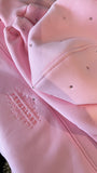 "Blush" Hoodie with Crystal Embellishments, Open Back, and Bell Sleeves in Pink. "Blush" Hoodie with Crystal Embellishments, Open Back, and Bell Sleeves in Pink.