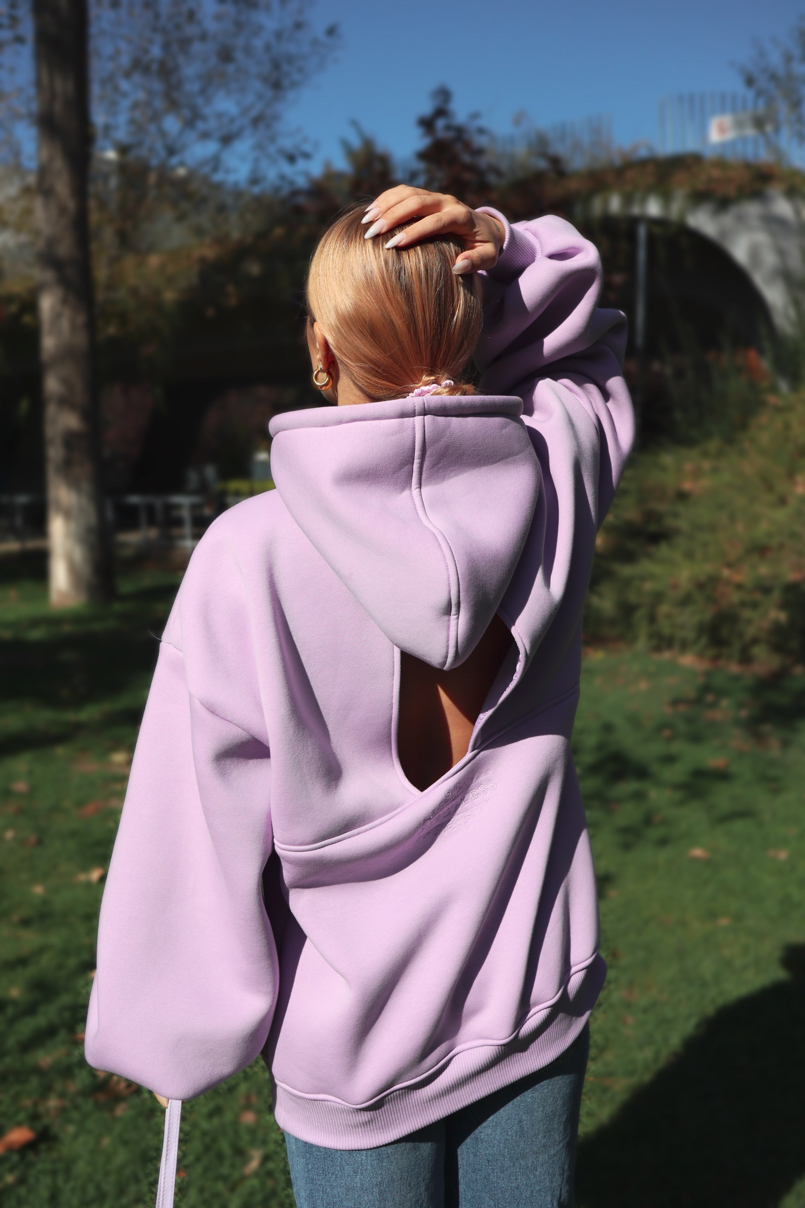 "Blush" Hoodie with Open Back and Bell Sleeves PURPLE "Blush" Hoodie with Open Back and Bell Sleeves PURPLE