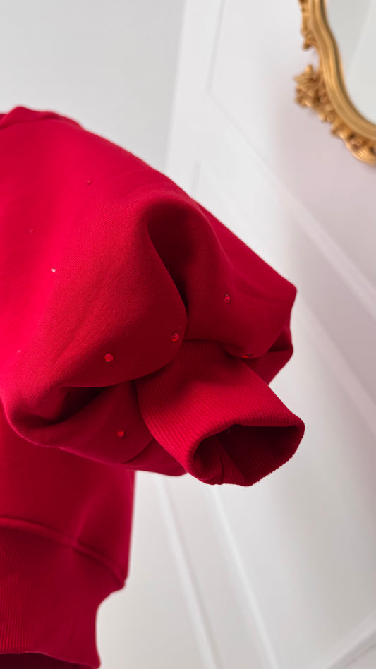 Hoodie "Blush" CRYSTALS with open back and bell sleeves RED