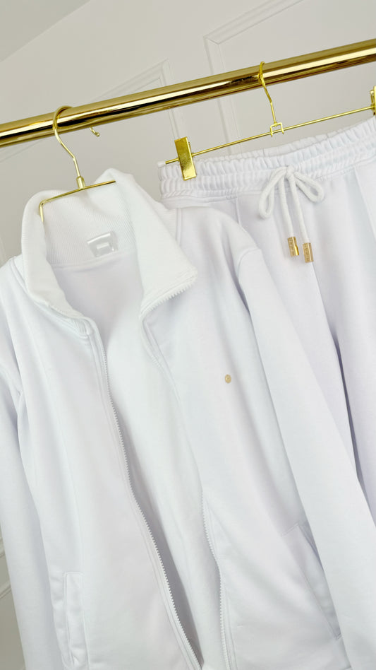 Two-Piece Set "Eria 330" Zipper Blouse + Straight Long Cotton Pants WHITE