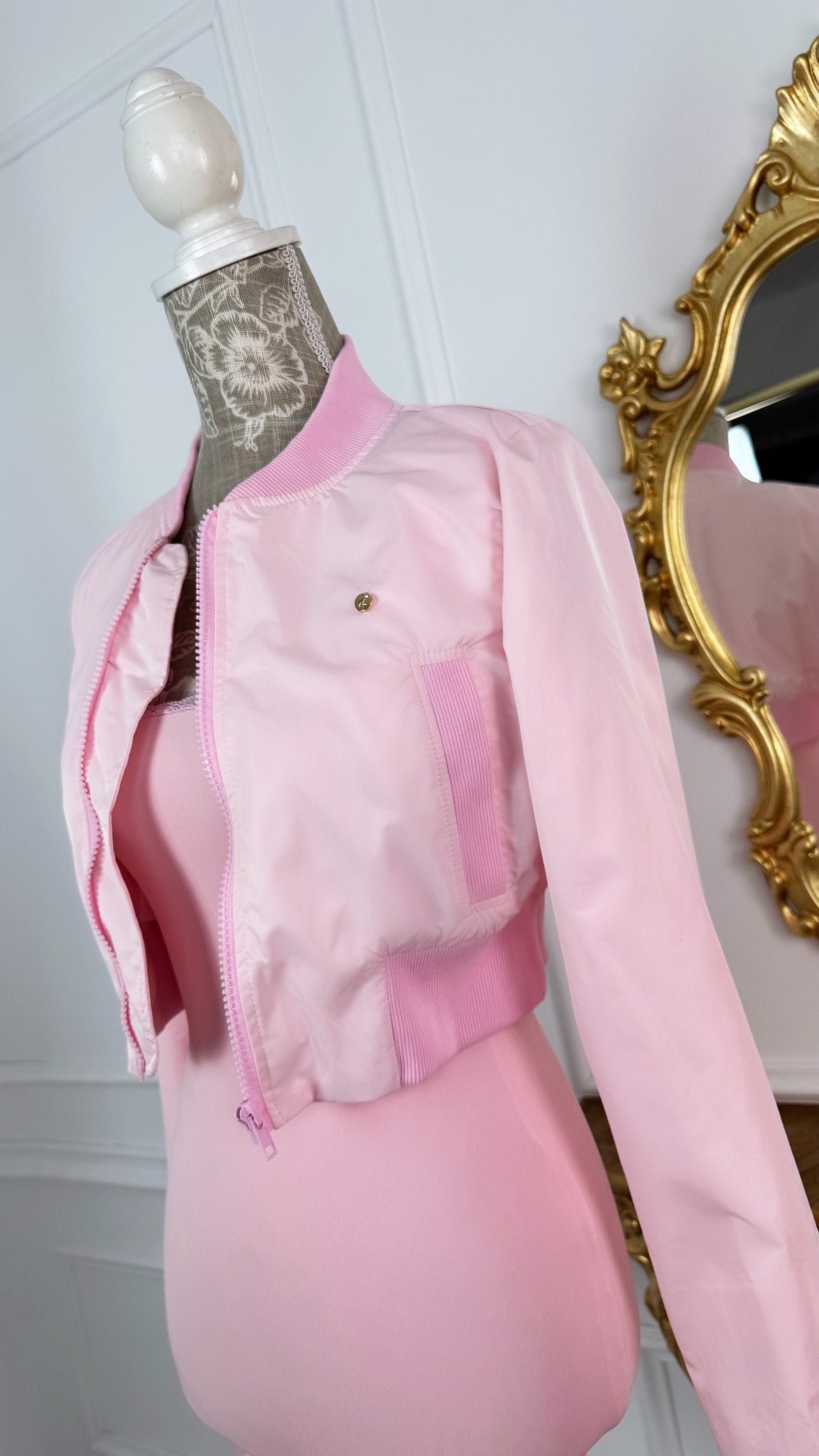 Cropped Lightweight 'Foil-Like' Bomber Jacket - Baby Pink Cropped Lightweight 'Foil-Like' Bomber Jacket - Baby Pink