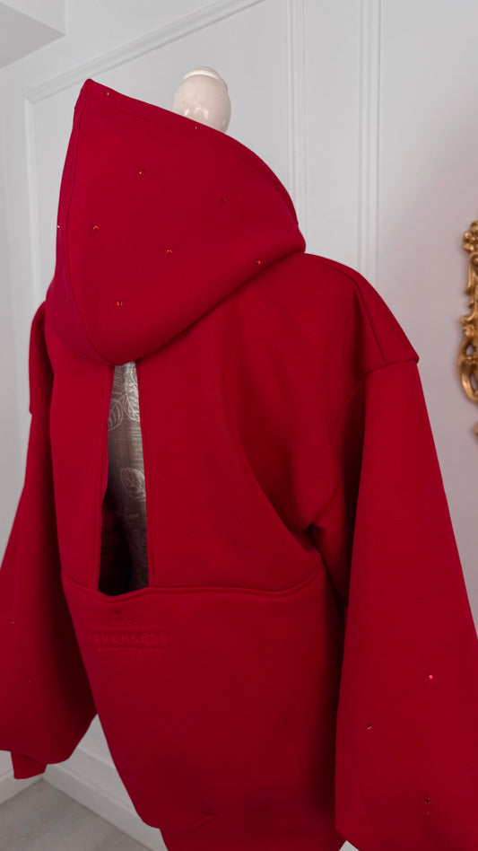 Hoodie "Blush" CRYSTALS with open back and bell sleeves RED