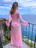 Halat satin Wave lung mânecă lungă evazată Baby Pink Halat satin Wave lung mânecă lungă evazată Baby Pink