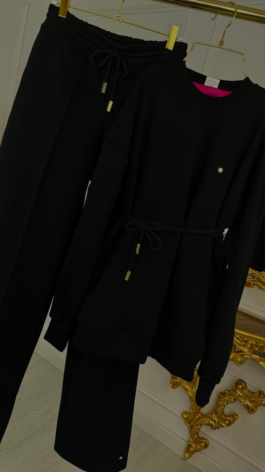 Two-Piece Set "Eria 500" Backless Blouse + Straight Long Cotton Pants BLACK