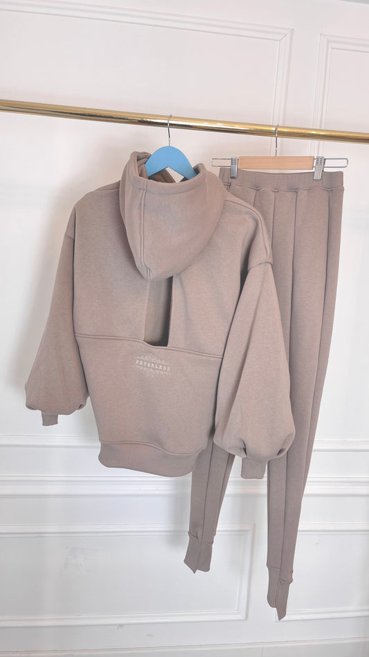 SET 2 Pieces "Blush" Hoodie with OPEN BACK + "Feather" Pants - Mocha