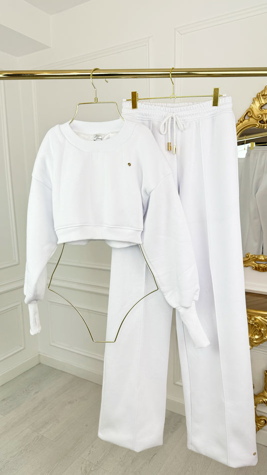 2-Piece Set "Blush" Cropped Blouse + Straight-Leg Pants White