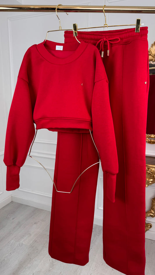 Set 2 Piese Bluză " Blush " Cropped + Pantaloni Drepți ROȘU