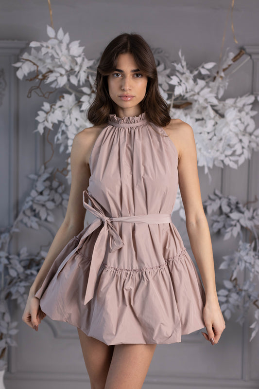 OUTLET Vestido corto "Baby Doll" sin arrugas en tafetán suelto, Rosa Polvo