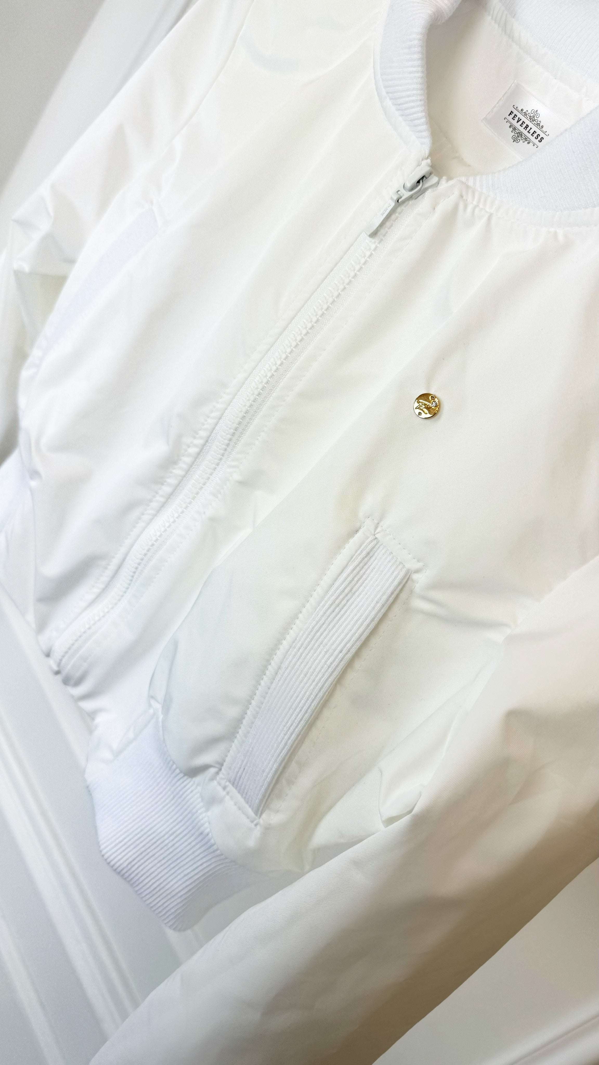 Cropped Lightweight 'Foil-Like' Bomber Jacket - White Cropped Lightweight 'Foil-Like' Bomber Jacket - White