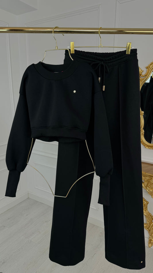 2-Piece Set Blouse "ERIA 500" Cropped + Straight Trousers BLACK