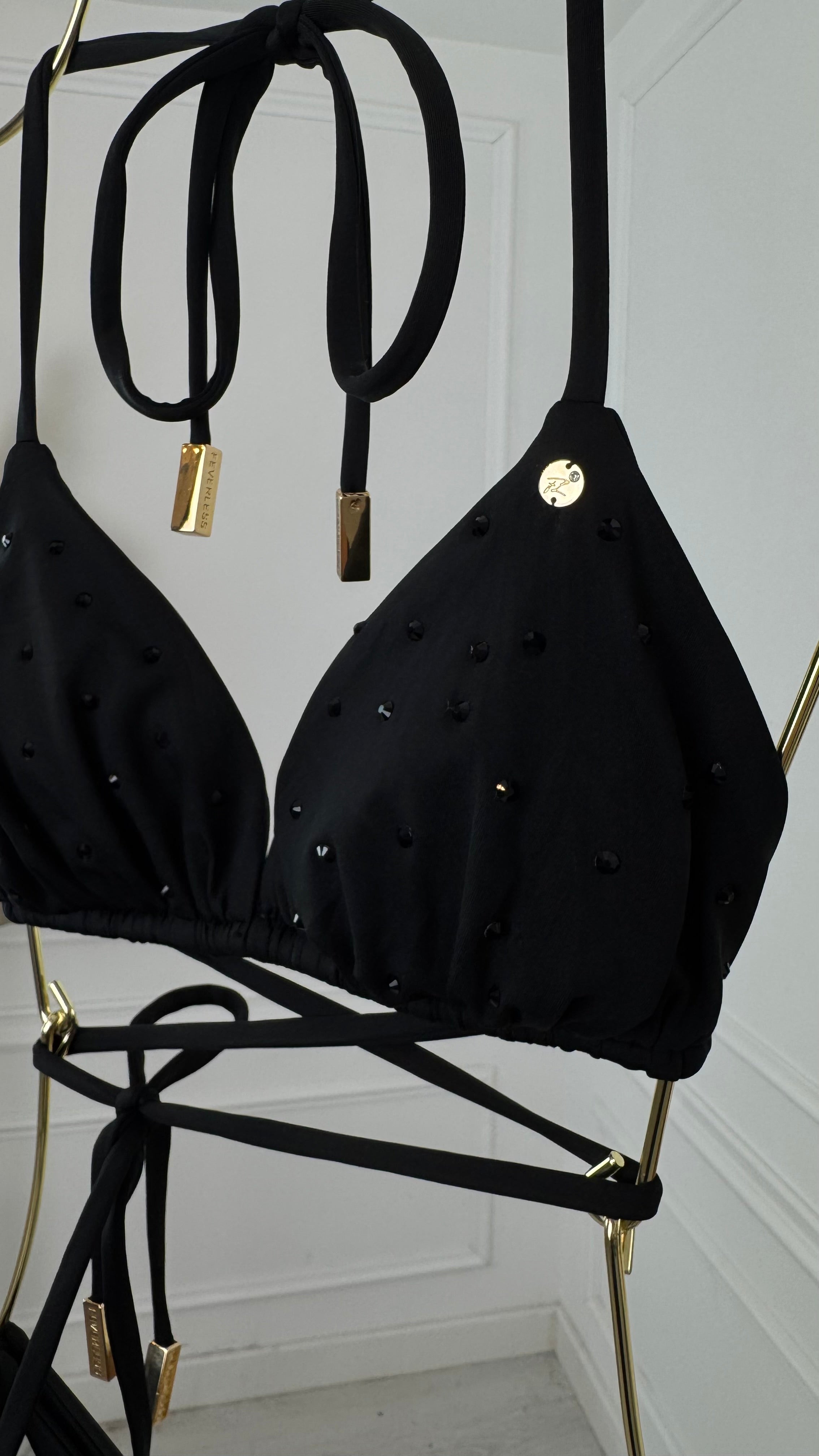 Triangle Bikini Top with CRYSTALS, removable cups – BLACK Triangle Bikini Top with CRYSTALS, removable cups – BLACK