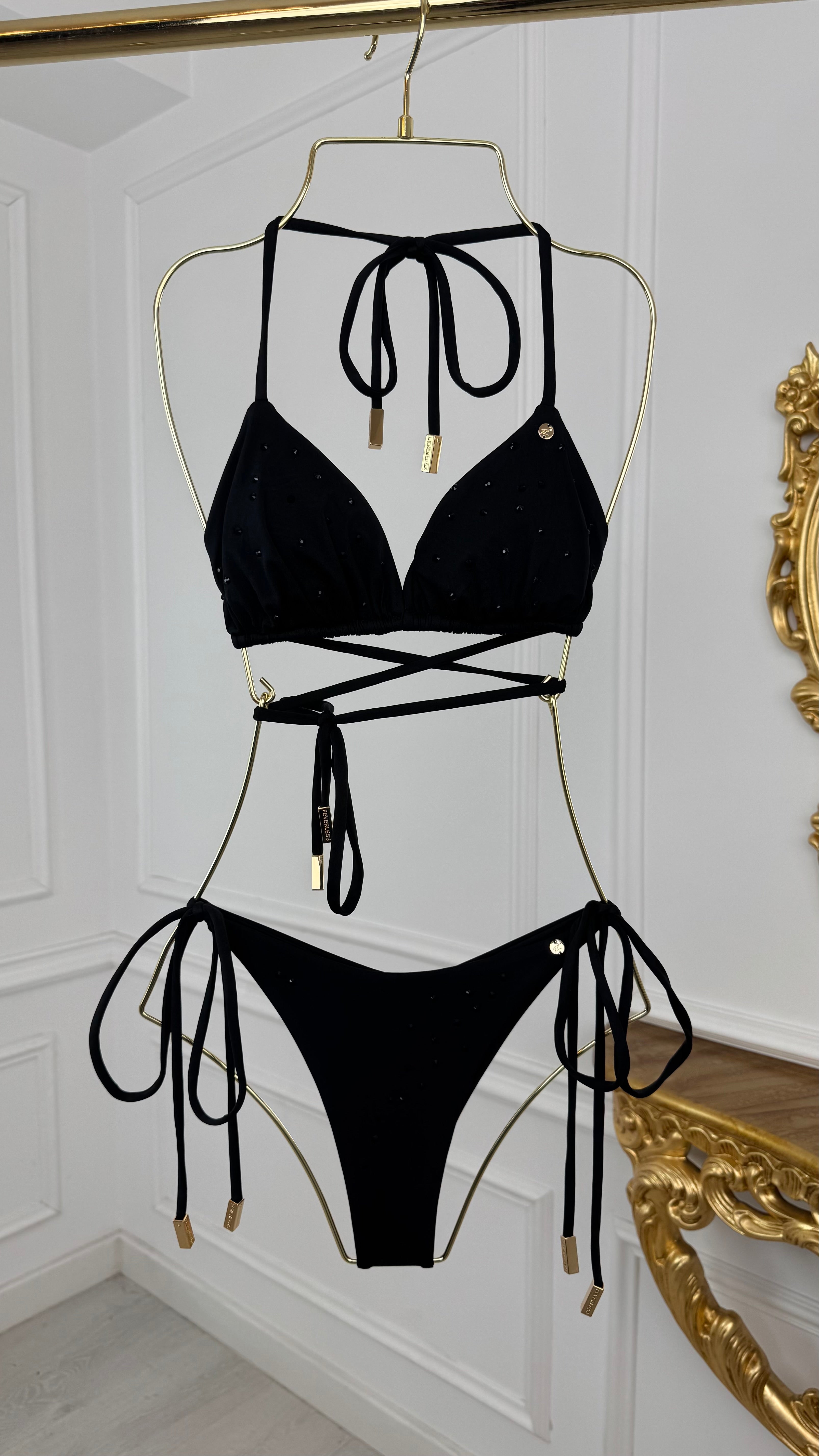 Triangle Bikini Top with CRYSTALS, removable cups – BLACK Triangle Bikini Top with CRYSTALS, removable cups – BLACK