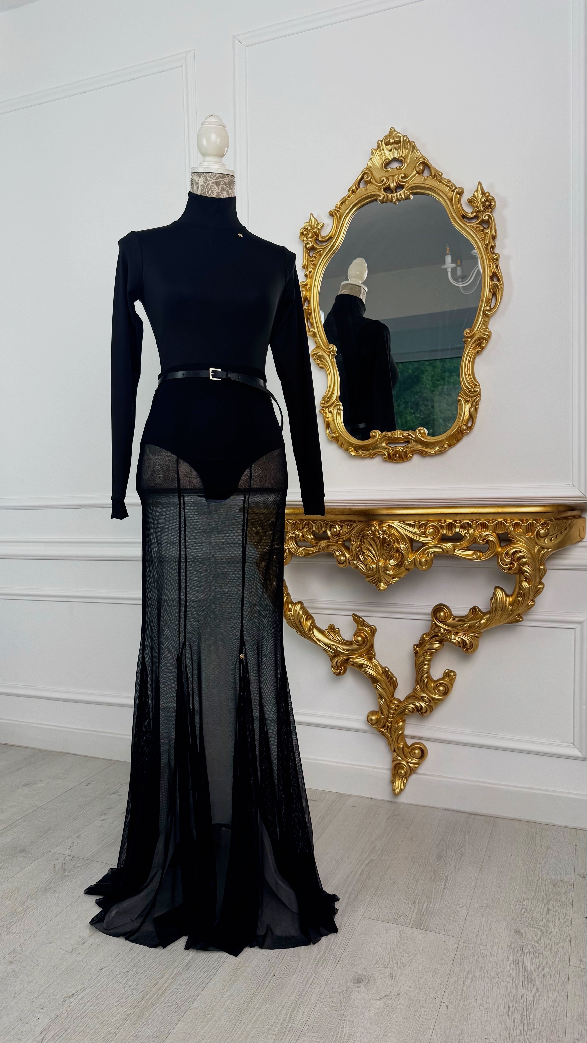 Long Flared Skirt with Elastic Tulle BLACK Long Flared Skirt with Elastic Tulle BLACK