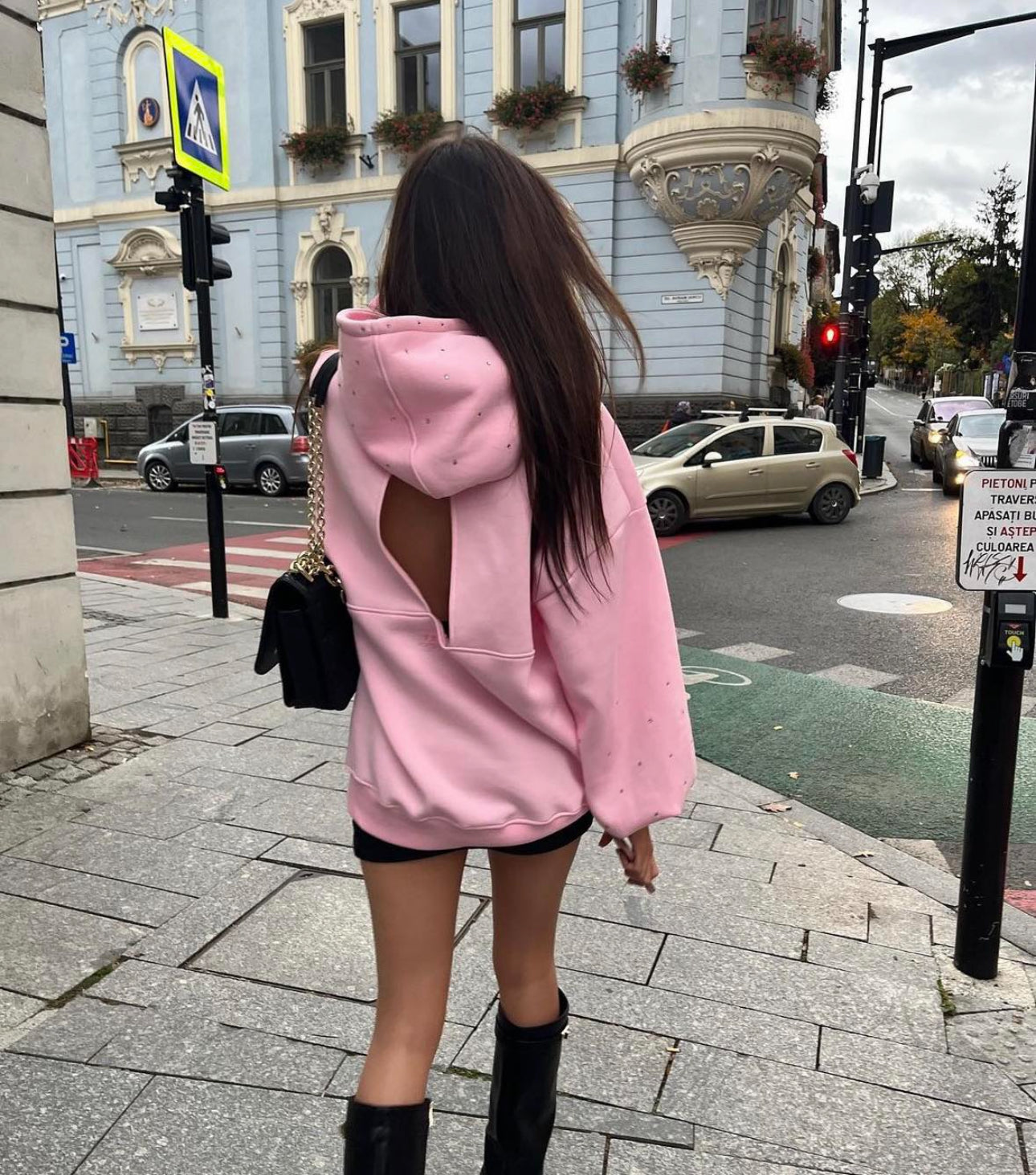 "Blush" Hoodie with Crystal Embellishments, Open Back, and Bell Sleeves in Pink. "Blush" Hoodie with Crystal Embellishments, Open Back, and Bell Sleeves in Pink.