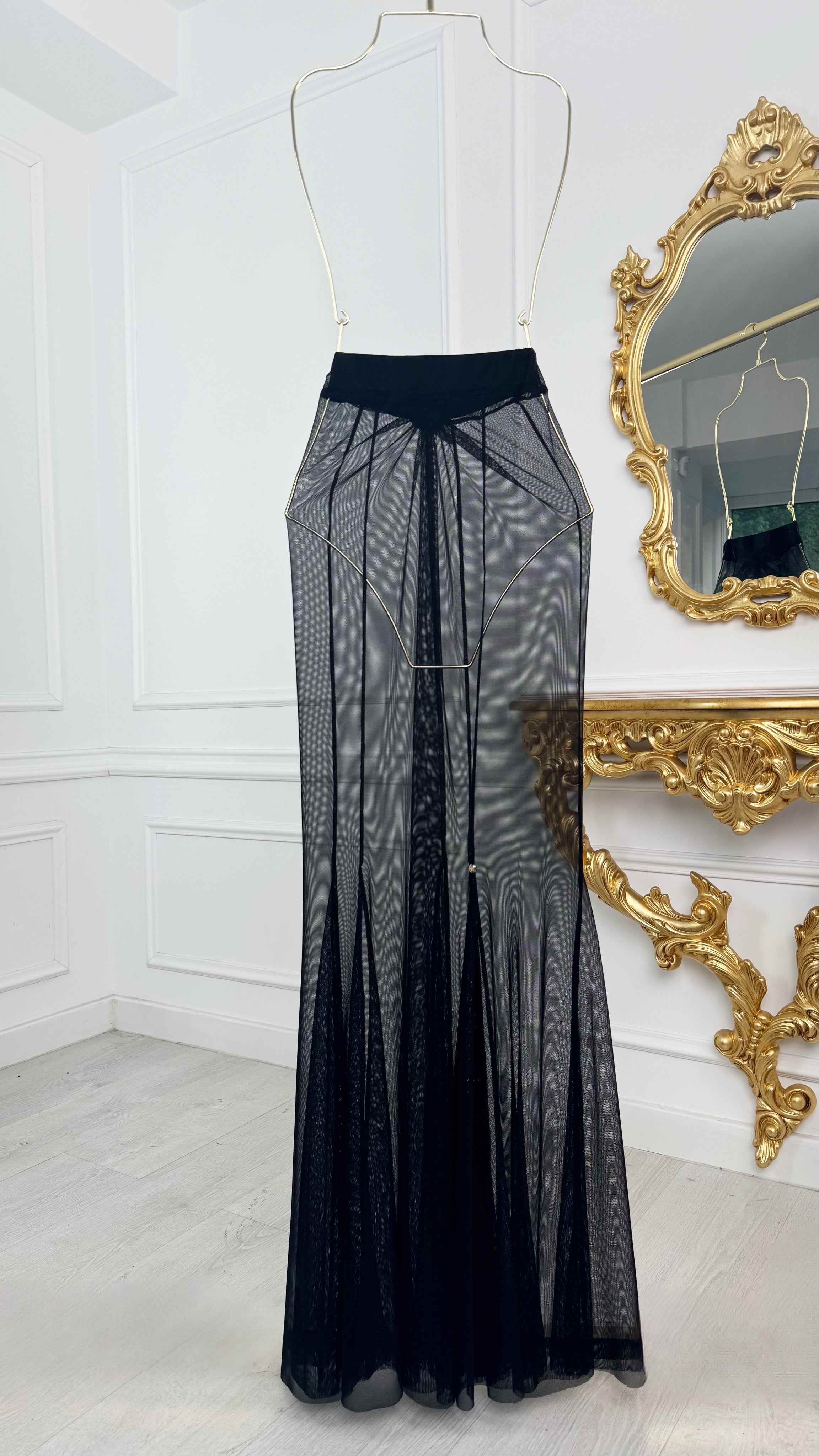 Long Flared Skirt with Elastic Tulle BLACK Long Flared Skirt with Elastic Tulle BLACK