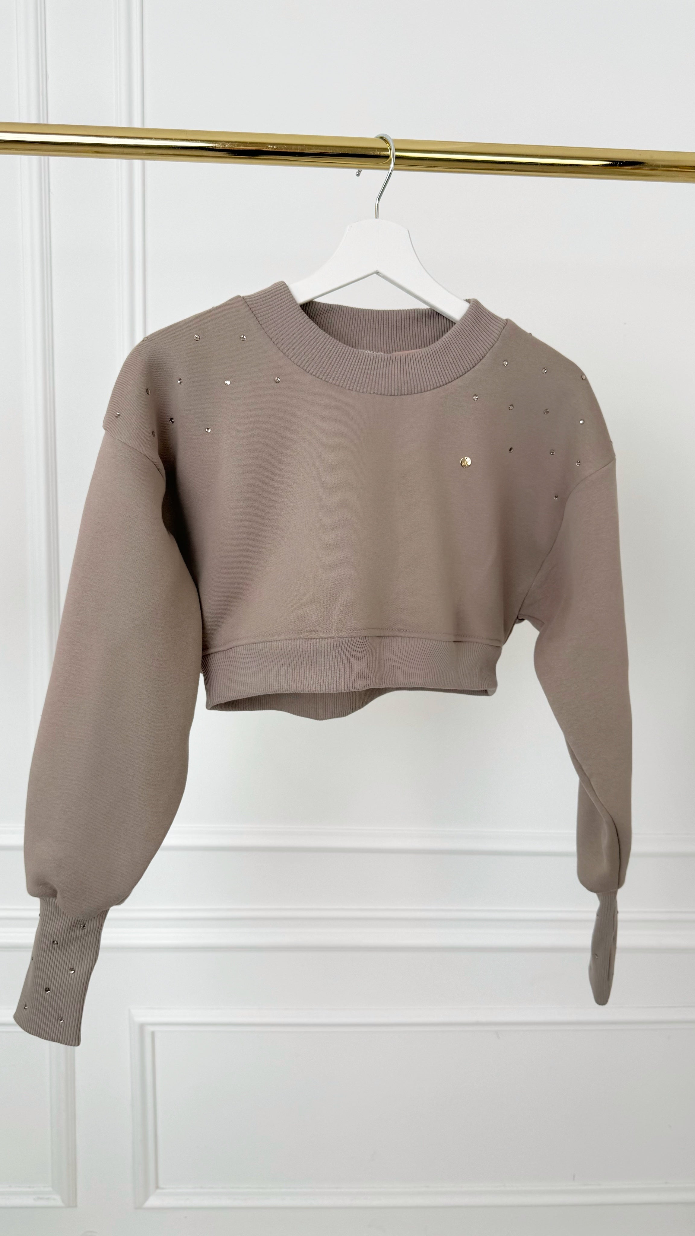 Cropped Blouse WITH CRYSTALS with Satin Lining – GREIGE Cropped Blouse WITH CRYSTALS with Satin Lining – GREIGE