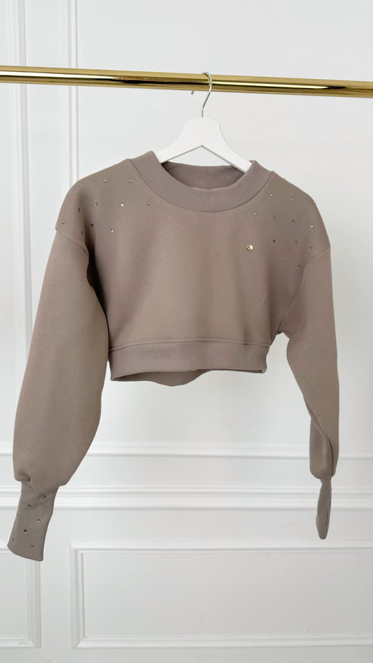 Cropped Blouse WITH CRYSTALS with Satin Lining – GREIGE