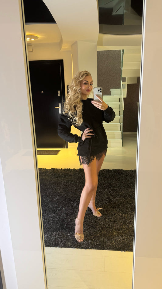 Set 3 pieces "Eria 500" Backless Blouse + HERA Extra Short Pants + Lace Blouse BLACK