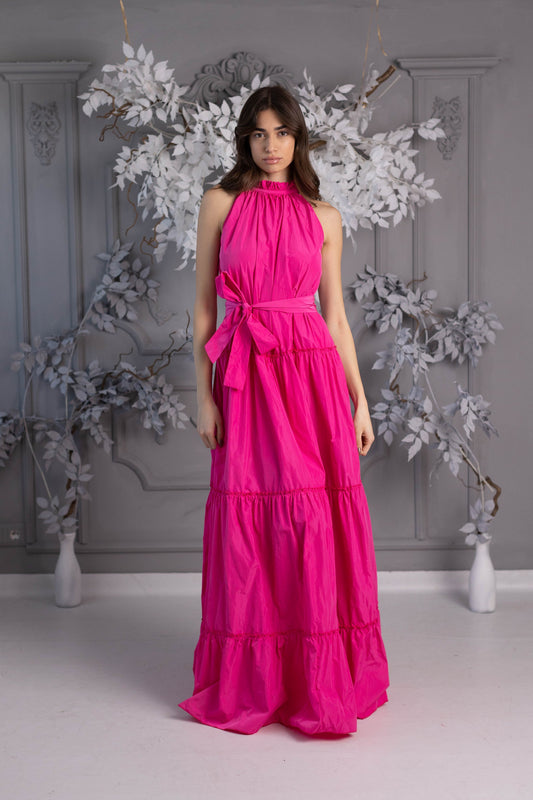 Rochie Lungă " Baby Doll " neșifonabilă din tafta fâșoasă Fucsia