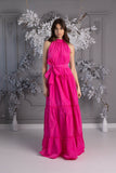 Vestido largo "Baby Doll" sin arrugas en tafetán a rayas Fucsia Vestido largo "Baby Doll" sin arrugas en tafetán a rayas Fucsia