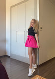 Vestido corto "Baby Doll" en tafetán a rayas Fucsia sin volantes Vestido corto "Baby Doll" en tafetán a rayas Fucsia sin volantes
