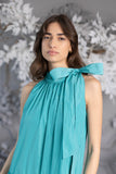 Vestido corto "Baby Doll" sin arrugas en tafetán a rayas turquesa Vestido corto "Baby Doll" sin arrugas en tafetán a rayas turquesa