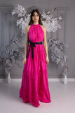 Vestido largo "Baby Doll" sin arrugas en tafetán a rayas Fucsia Vestido largo "Baby Doll" sin arrugas en tafetán a rayas Fucsia