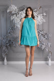 Vestido corto "Baby Doll" sin arrugas en tafetán a rayas turquesa Vestido corto "Baby Doll" sin arrugas en tafetán a rayas turquesa