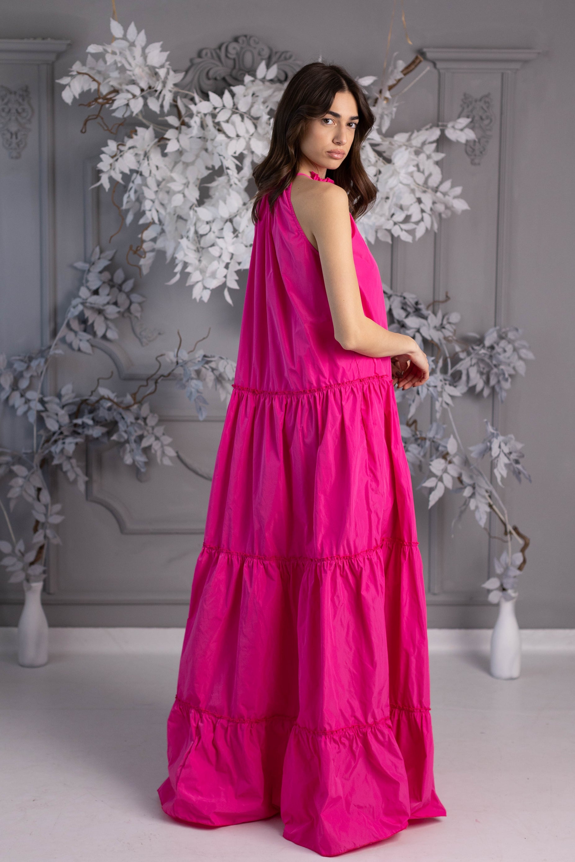 Vestido largo "Baby Doll" sin arrugas en tafetán a rayas Fucsia Vestido largo "Baby Doll" sin arrugas en tafetán a rayas Fucsia
