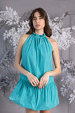 Vestido corto "Baby Doll" sin arrugas en tafetán a rayas turquesa Vestido corto "Baby Doll" sin arrugas en tafetán a rayas turquesa