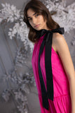 Vestido largo "Baby Doll" sin arrugas en tafetán a rayas Fucsia Vestido largo "Baby Doll" sin arrugas en tafetán a rayas Fucsia