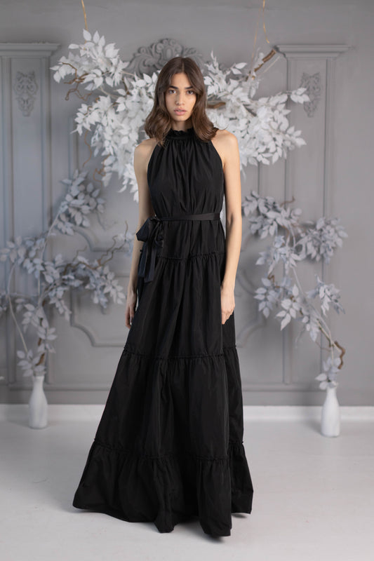 Vestido largo "Baby Doll" sin arrugas en tafetán a rayas Negro