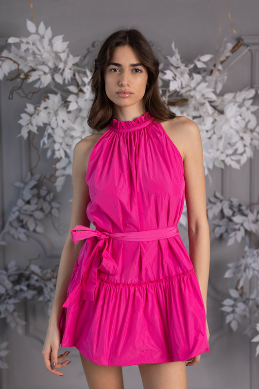 Vestido corto "Baby Doll" en tafetán a rayas Fucsia sin volantes