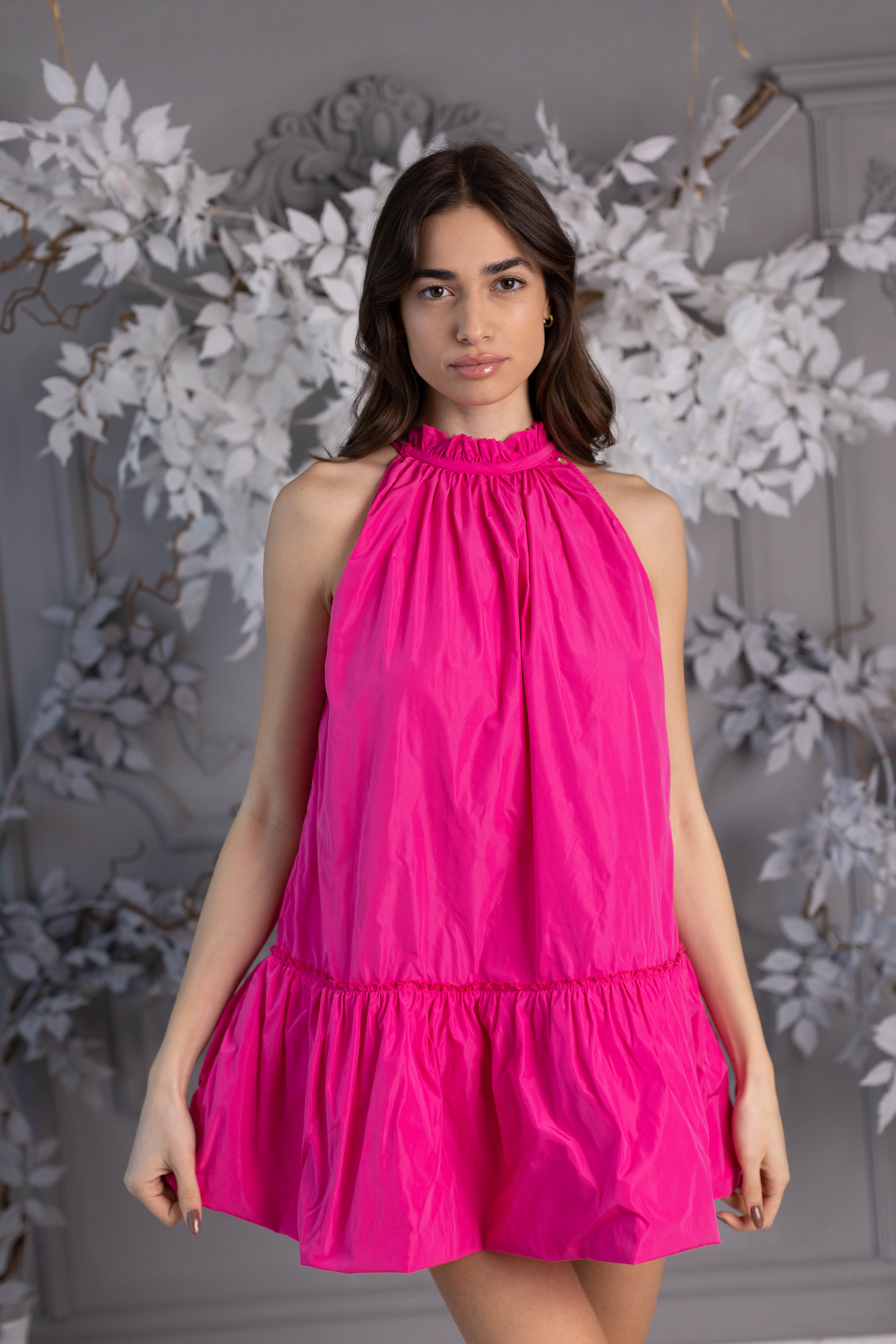 Vestido corto "Baby Doll" en tafetán a rayas Fucsia sin volantes Vestido corto "Baby Doll" en tafetán a rayas Fucsia sin volantes