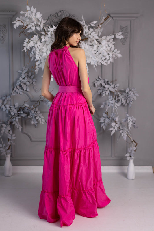 Rochie Lungă " Baby Doll " neșifonabilă din tafta fâșoasă Fucsia