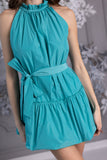 Vestido corto "Baby Doll" sin arrugas en tafetán a rayas turquesa Vestido corto "Baby Doll" sin arrugas en tafetán a rayas turquesa