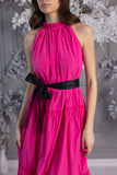 Vestido largo "Baby Doll" sin arrugas en tafetán a rayas Fucsia Vestido largo "Baby Doll" sin arrugas en tafetán a rayas Fucsia